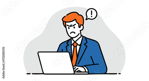 Frustrated businessman facing computer error, symbolizing work stress and project failure.
