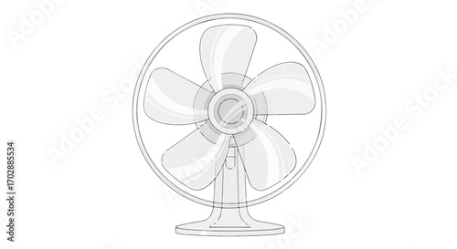 Stylized illustration of a household electric fan with a transparent and delicate aesthetic, cool five bladed ventilation device