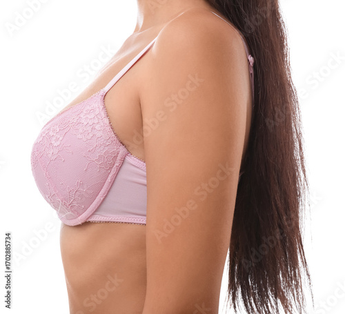 Young woman in pink bra on ...