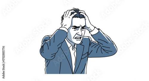 Stressed businessman clutches head in frustration over overwhelming work challenges and deadlines