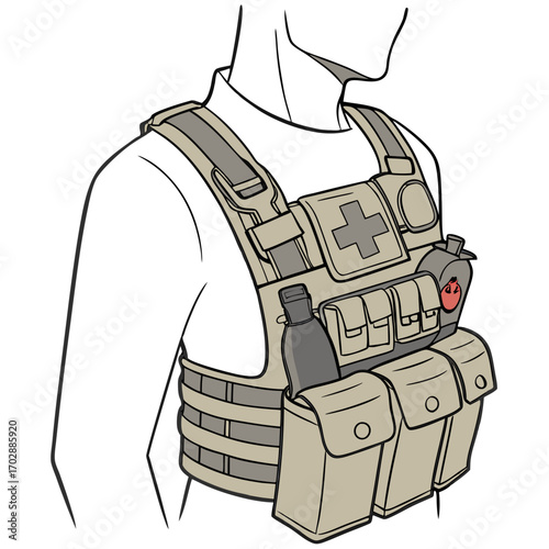 Beige Tactical Vest with Multiple Pouches and Medical Cross