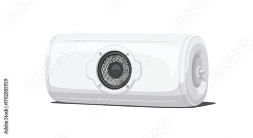 Modern white cylindrical speaker with centered gray audio grid isolated on seamless background perfect for hi-fi audio systems with quality surround