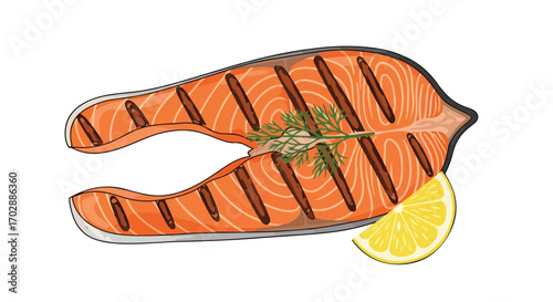 Grilled salmon steak with lemon and dill, a delectable culinary illustration showcasing healthy eating and delicious seafood prepared with care