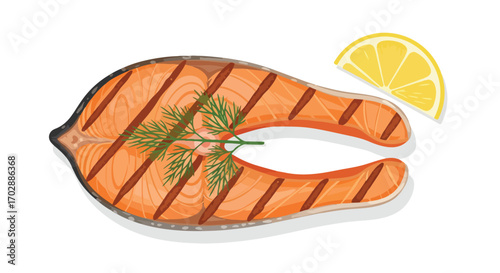 Delicious grilled salmon steak, elegantly garnished with fresh dill and a bright lemon wedge on a white background illustration