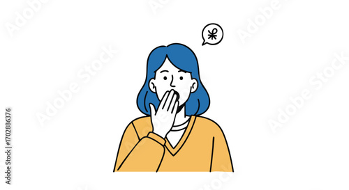 Surprised woman with blue hair covers mouth in shock, bubble shows a surprised symbol