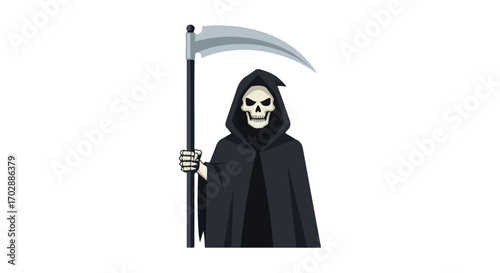 Cartoon Grim Reaper illustration with a scythe on white background, ideal for halloween designs and dark fantasy compositions