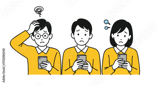 Frustrated people holding phones receive upsetting news or encounter technical difficulties