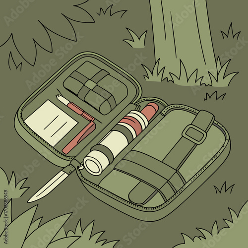 Open Olive Green First Aid Kit on Grassy Ground