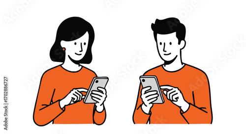 Engaged individuals connecting through mobile devices, sharing digital experiences in a modern, clean style