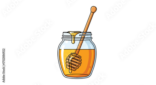Illustration of a honey jar filled with golden honey and a wooden dipper resting inside its viscous depths, perfect for food related projects
