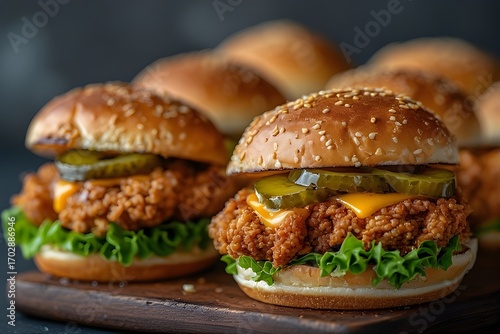 crispy chicken sliders with lettuce, cheese, and pickles
