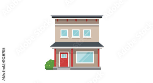 Stylized two-story house illustration showcasing architectural elements and a small decorative bush adding a touch of nature to the building's facade