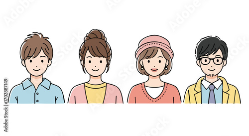 Diverse group of friendly cartoon people smiling happily together, perfect for your next project