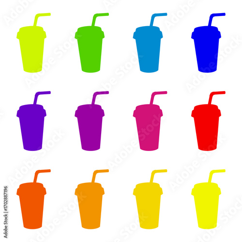 A collection of disposable drinking cups with straws in various bright colors, isolated on a white background. Ideal for graphic design, beverage concepts, and summer themes.