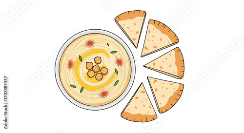 Artistic depiction of hummus with pita bread triangles showcasing culinary delight and appetizing mediterranean flavors on a clean white backdrop