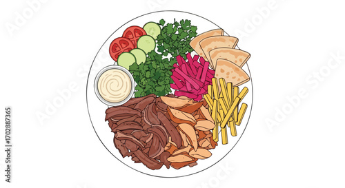 Artistic depiction of a vibrant shawarma plate with colorful vegetables and condiments, showcasing culinary creativity with an illustrative style