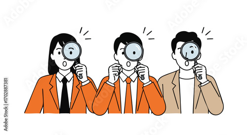 Curious business professionals intently examining details with magnifying glasses, seeking answers.