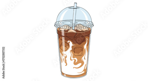 Iced coffee sketch with layers of milk and coffee in plastic cup and straw for cafes drinks advertising