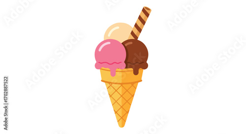 Delightful triple scoop ice cream cone with wafer stick; a delicious treat for summer days and sweet indulgence cravings satisfaction