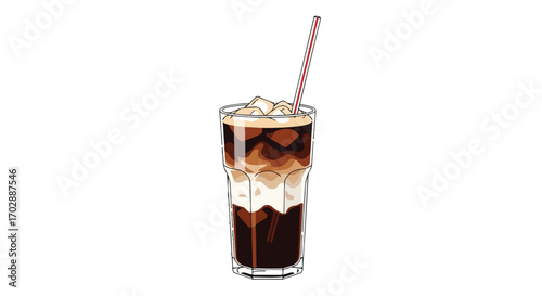 Iced coffee beverage illustration, showing layers of coffee, cream, and ice in tall glass with straw, offering a refreshing visual presentation