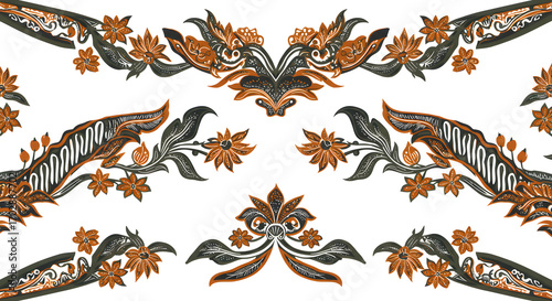 Ornate Floral Design with Symmetrical Elements and Detailed Botanical Illustrations