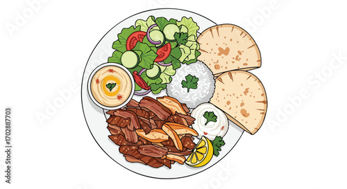 Mediterranean Platter with Grilled Meat, Hummus, Salad, Rice, and Pita Bread Illustration