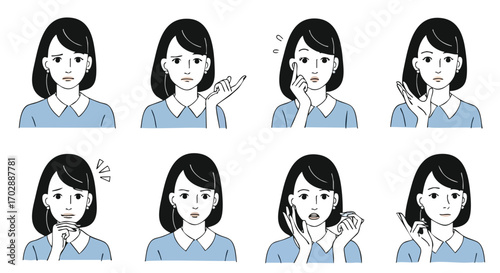 Woman expressing diverse emotions and thoughts through facial expressions and gestures