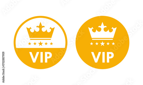 VIP icon collection. Golden vector logo with a royal crown and stars, symbolizing exclusive access, luxury, and premium member status