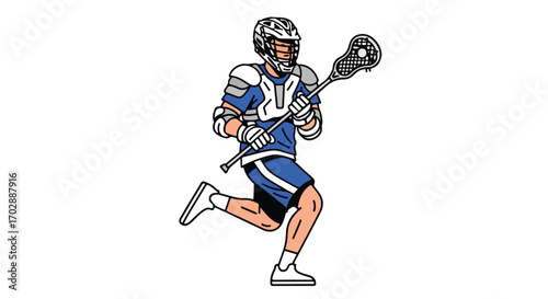 Energetic lacrosse player in action, stylized illustration showcasing the dynamism and intensity of the sport, conveying the spirit of teamwork and