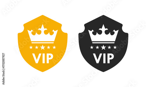 VIP icon collection. Golden vector logo with a royal crown and stars, symbolizing exclusive access, luxury, and premium member status