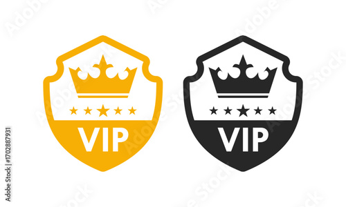 VIP icon collection. Golden vector logo with a royal crown and stars, symbolizing exclusive access, luxury, and premium member status