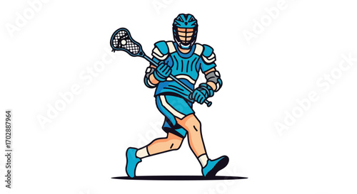 Dynamic Lacrosse Player Illustration: Action Shot with Focused Intensity and Vibrant Blue Uniform Illustrating Agility and Determination