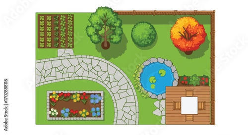 Illustrated garden plan with vegetable patch, flowerbed, pond, shed, and stone pathway offering a serene outdoor space concept