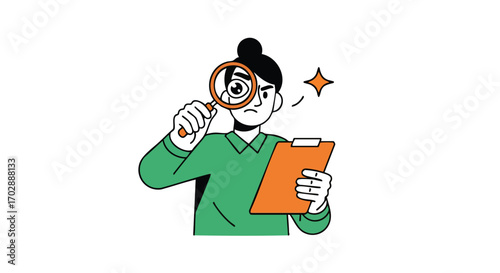 Focused analyst meticulously reviews data on clipboard with magnifying glass, seeking insights