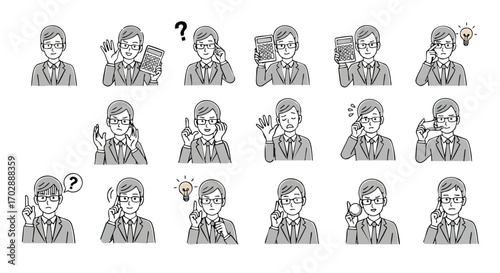 Professional businessman expresses diverse emotions and ideas with calculators and lightbulbs, conveying success and thought