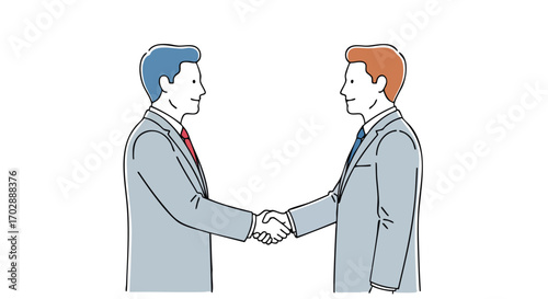 Two smiling businessmen in suits shake hands, sealing a deal with a professional greeting.