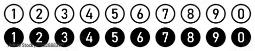 Set of counting numbers from 0-9 in black circles stroke and fill. Set of bullet point numbers from 0-9. Numeric typography of numbers from 0 to 9 for apps and UI isolated in stroke and fill styles