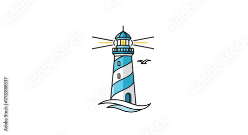 Stylized illustration of a coastal lighthouse with beams of light and a soaring seabird against a clean white backdrop enhancing nautical charm