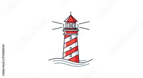 Stylized lighthouse illustration with radiating light beams against a serene white backdrop providing direction at the coast line with red and white
