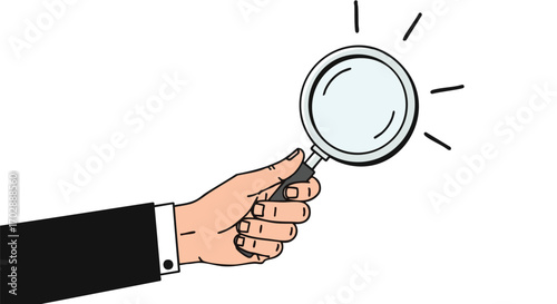 Professional hand in suit holding magnifying glass, searching for opportunities, discovery, and insights
