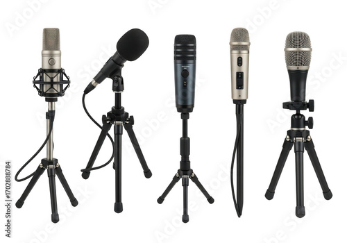 Five microphones isolated on transparent background