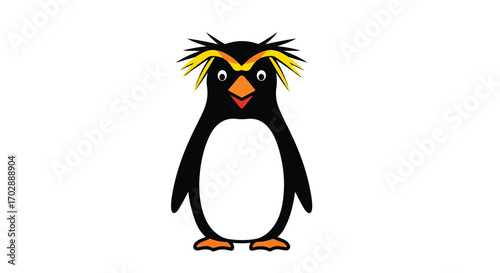 Stylized rockhopper penguin illustration with distinctive golden crests against a clean white backdrop providing a playful depiction
