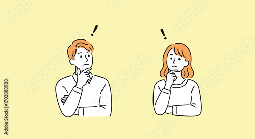 Puzzled man and woman contemplating important questions with thought bubbles and exclamation marks