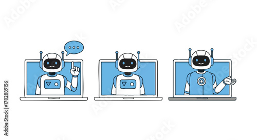 Friendly AI chatbot assistants engage users with helpful information and support on laptops