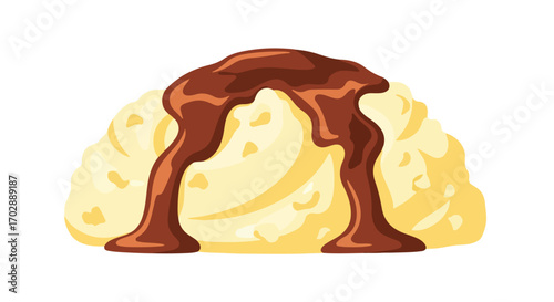 Stylized vector illustration showcases a scoop of creamy pudding adorned with a luscious chocolate drizzle on isolated background