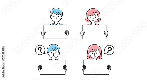 Confused people need answers holding blank white boards for your message or advertisement