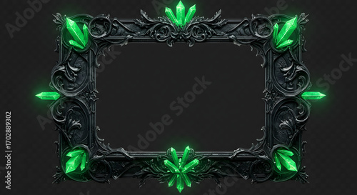 Ornate dark frame adorned with glowing green crystals, perfect for fantasy or gothic designs