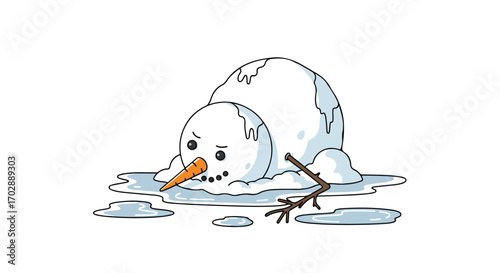 Meltdown Misery: A Snowman's Lament in the Face of Rising Temperatures and Seasonal Dissolution, expressing sadness and climate change awareness
