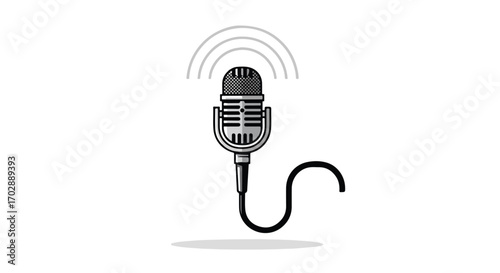 Vintage microphone illustration with broadcast waves for podcasting and voice recording media presentation