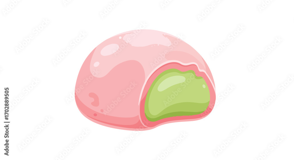 Fototapeta premium Delightful pink mochi with green filling, a sweet Japanese confection with a soft texture and an appealing, cartoonish style perfect for food